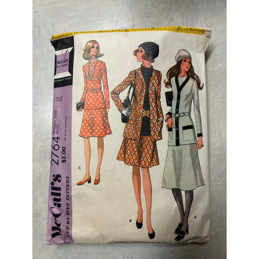 Vintage 1970's McCalls Pattern #2764 Misses Suit and Blouse Size 14